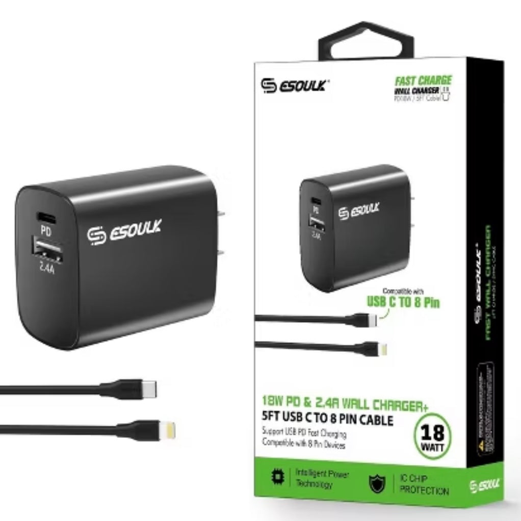 18W PD & 2.4A WALL CHARGER+
5FT USB C TO 8 PIN LIGHTNING CABLE