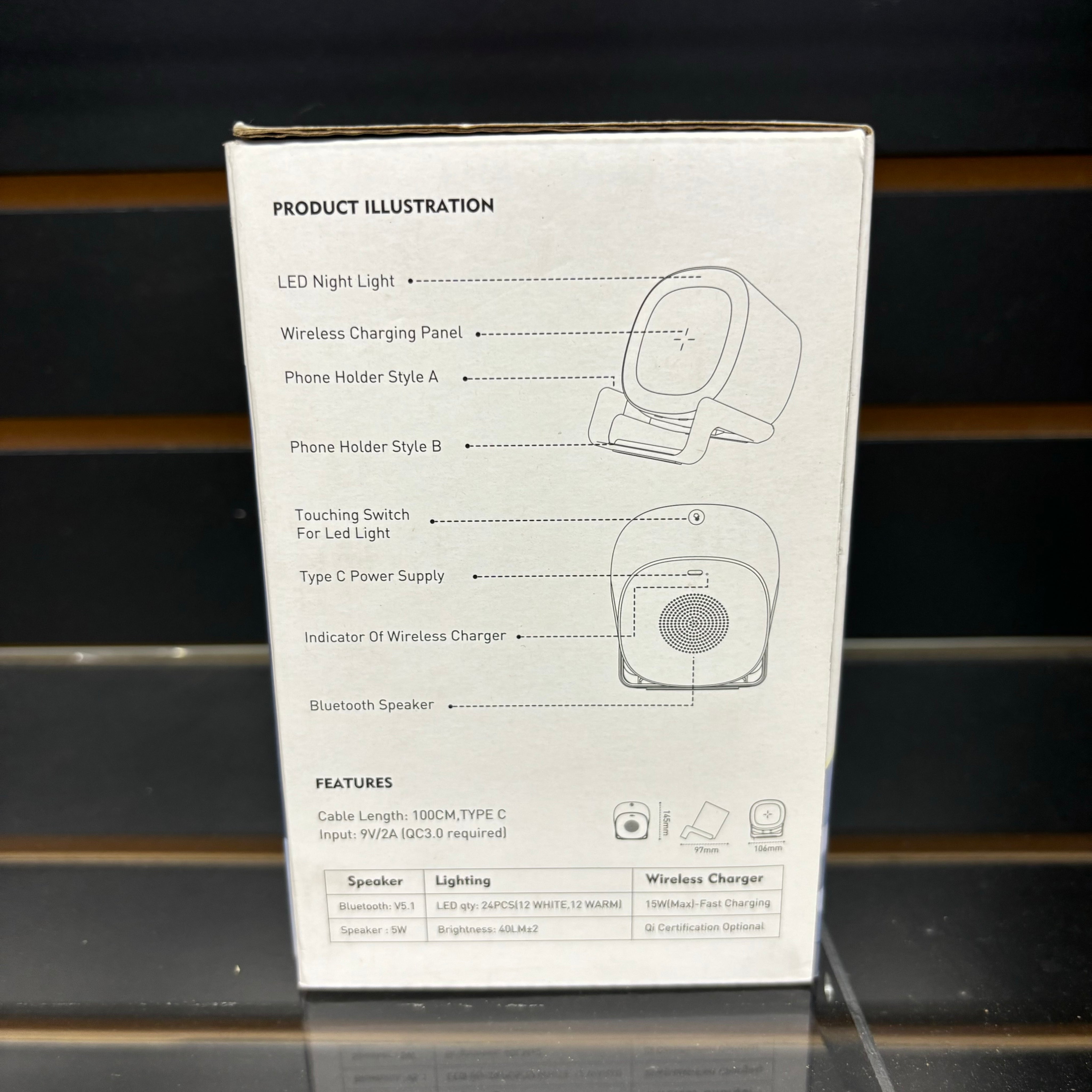 4-IN-1 Wireless charger, BT Speaker, LED Lamp, Phone stand
