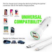 18W USB-C PD & 2.4A USB Car Charger + 3ft USB C to 8 Pin Cable Bundle