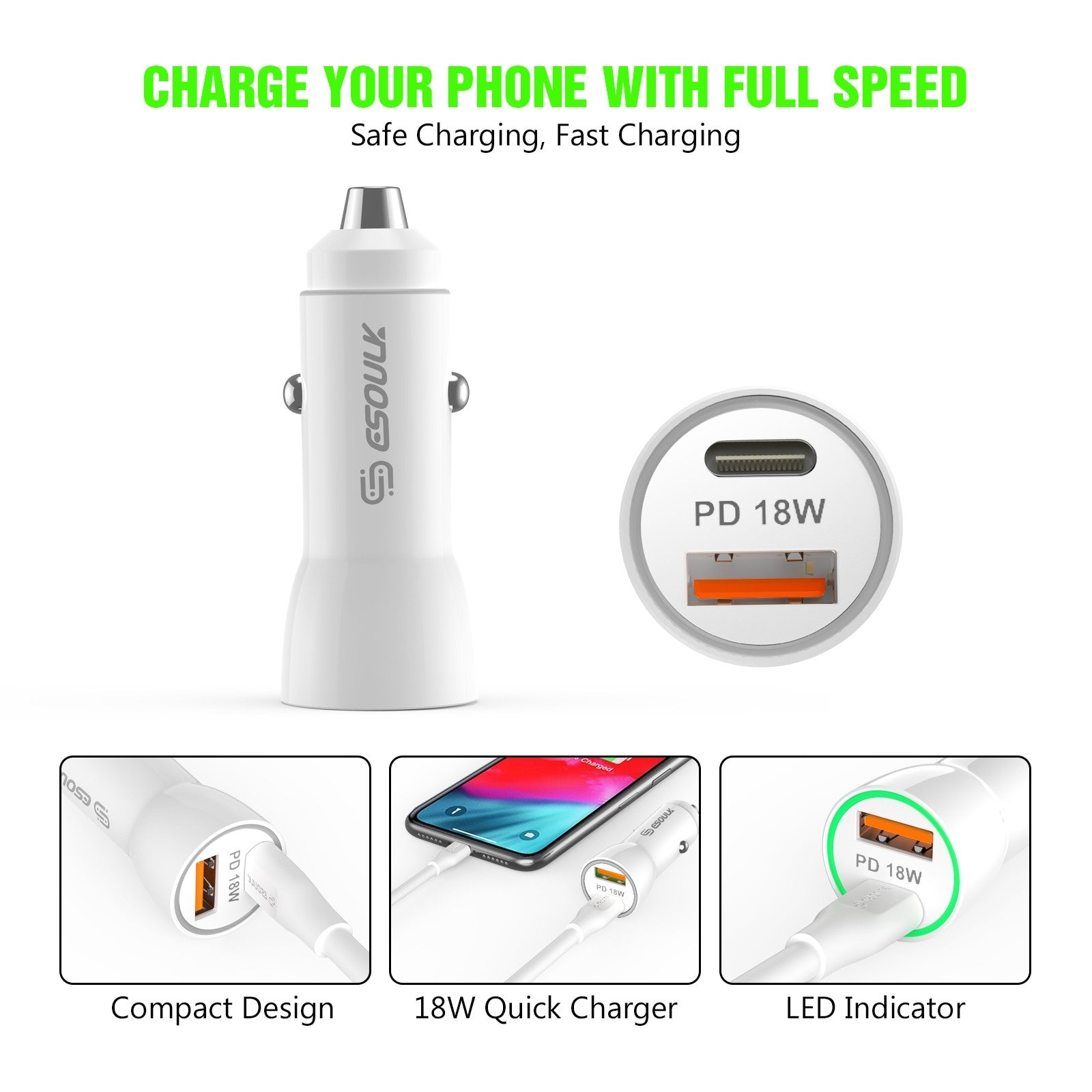 18W USB-C PD & 2.4A USB Car Charger + 3ft USB C to 8 Pin Cable Bundle