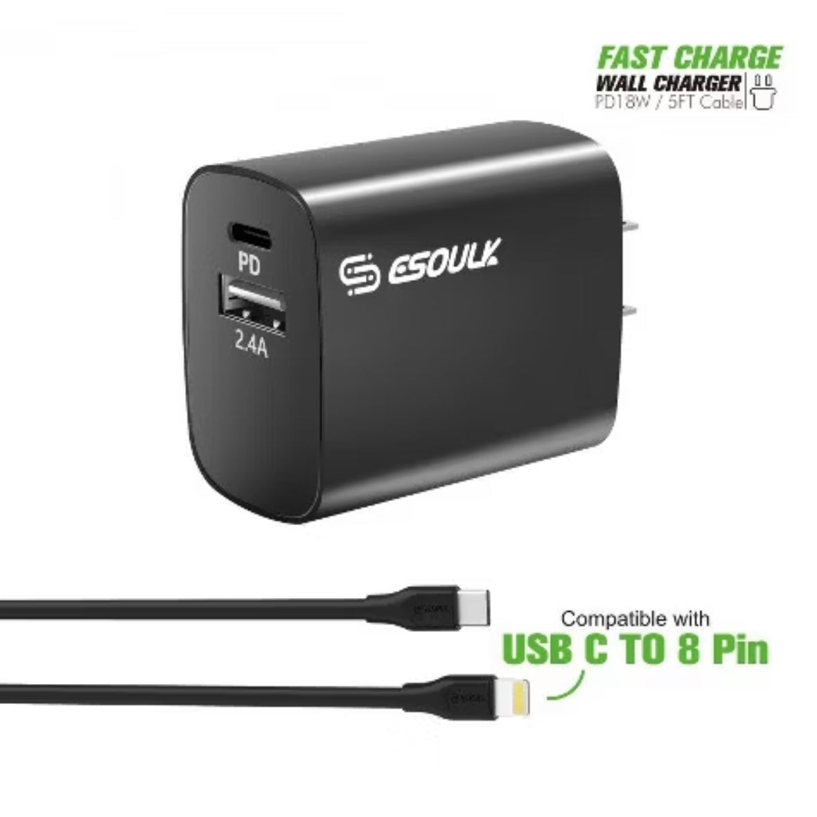 18W PD & 2.4A WALL CHARGER+
5FT USB C TO 8 PIN LIGHTNING CABLE