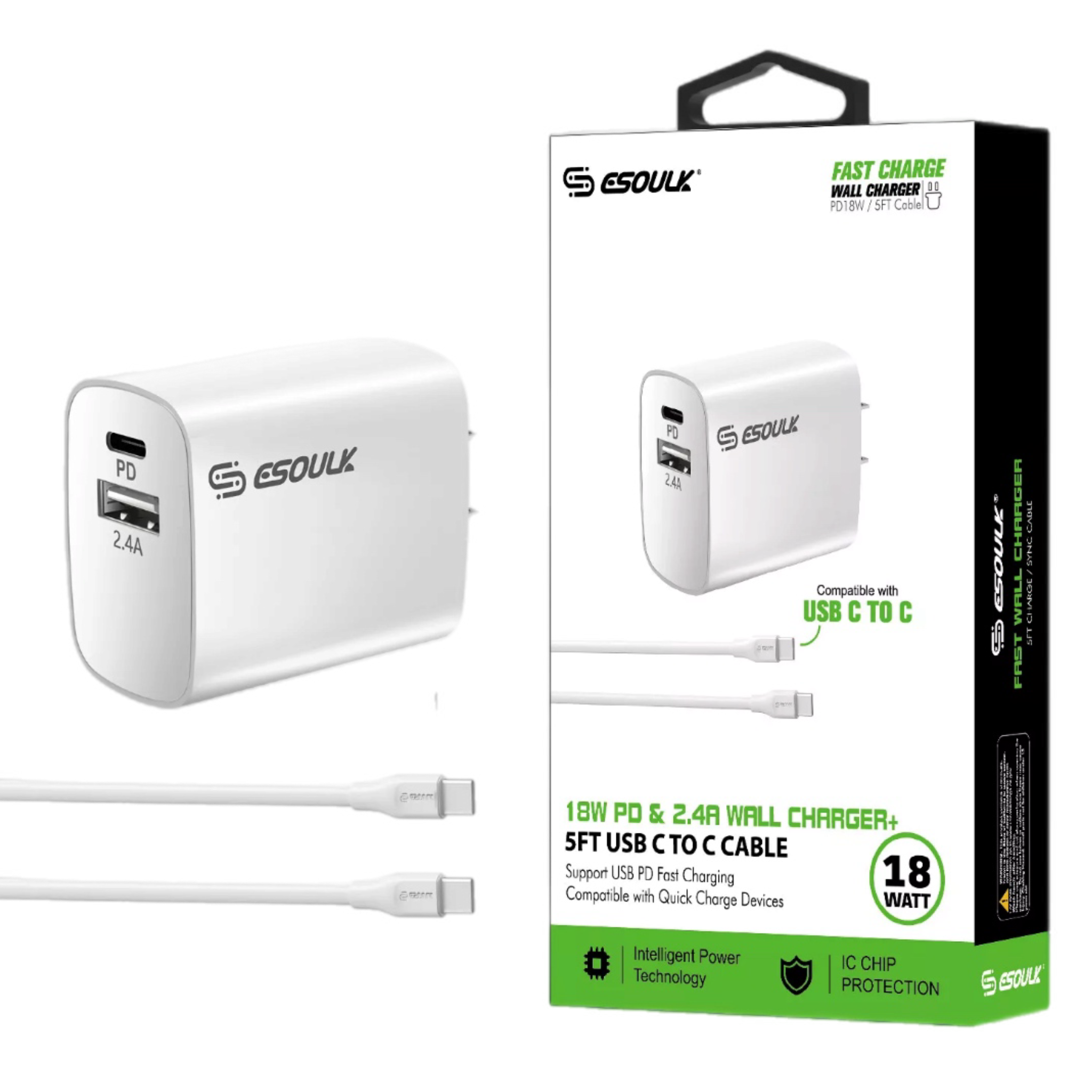 18W PD & 2.4A WALL CHARGER+5FT USB C TO C CABLE