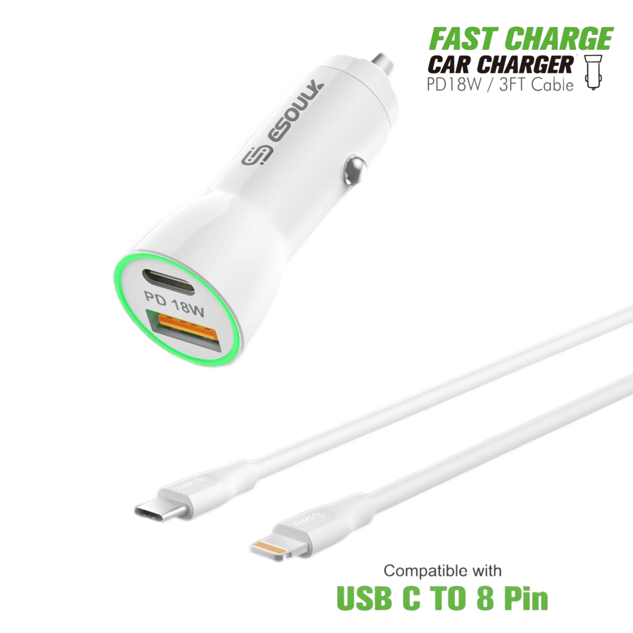 18W USB-C PD & 2.4A USB Car Charger + 3ft USB C to 8 Pin Cable Bundle
